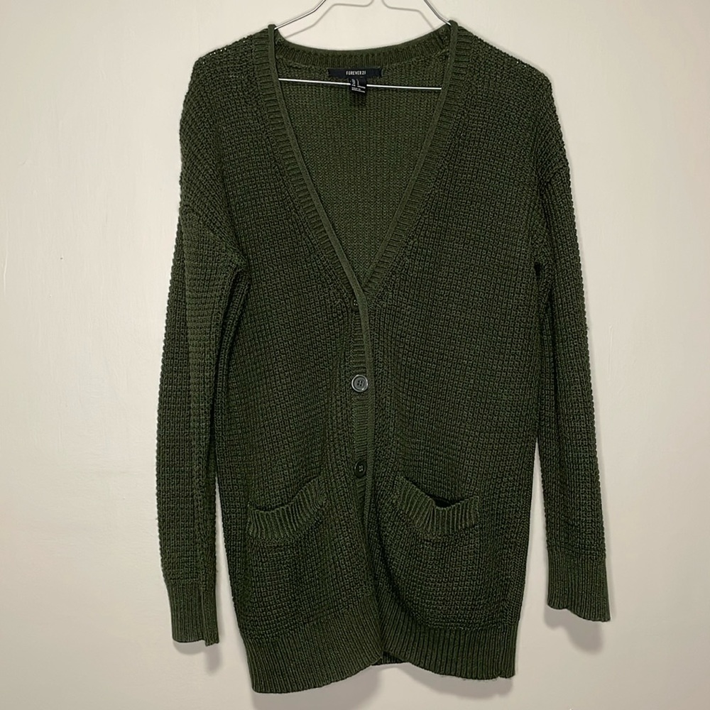 Dark green waffle pattern button cardigan | Forever 21